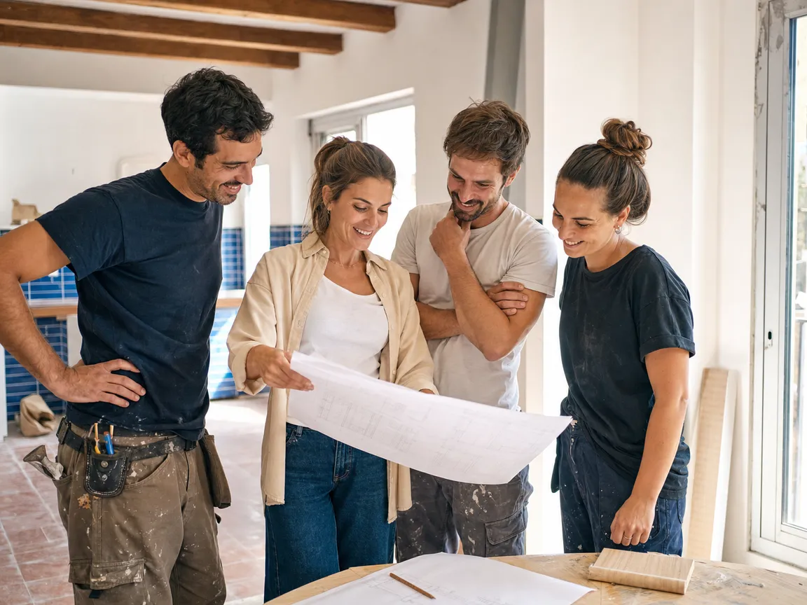 La arquitecta y el equipo de obra revisando los planos en un piso en reforma