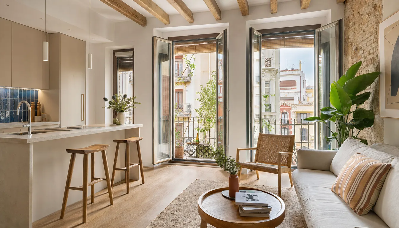 Salón reformado con cocina abierta, suelo de roble y balcón con luz