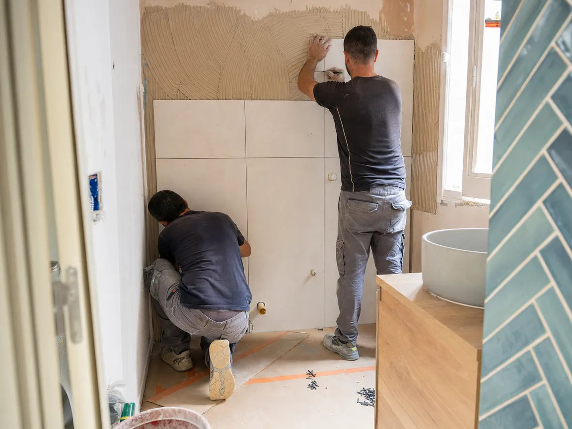Dos operarios alicatando un baño con el suelo protegido